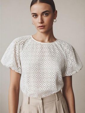 J. Crew White Eyelet Puff-Sleeve Blouse